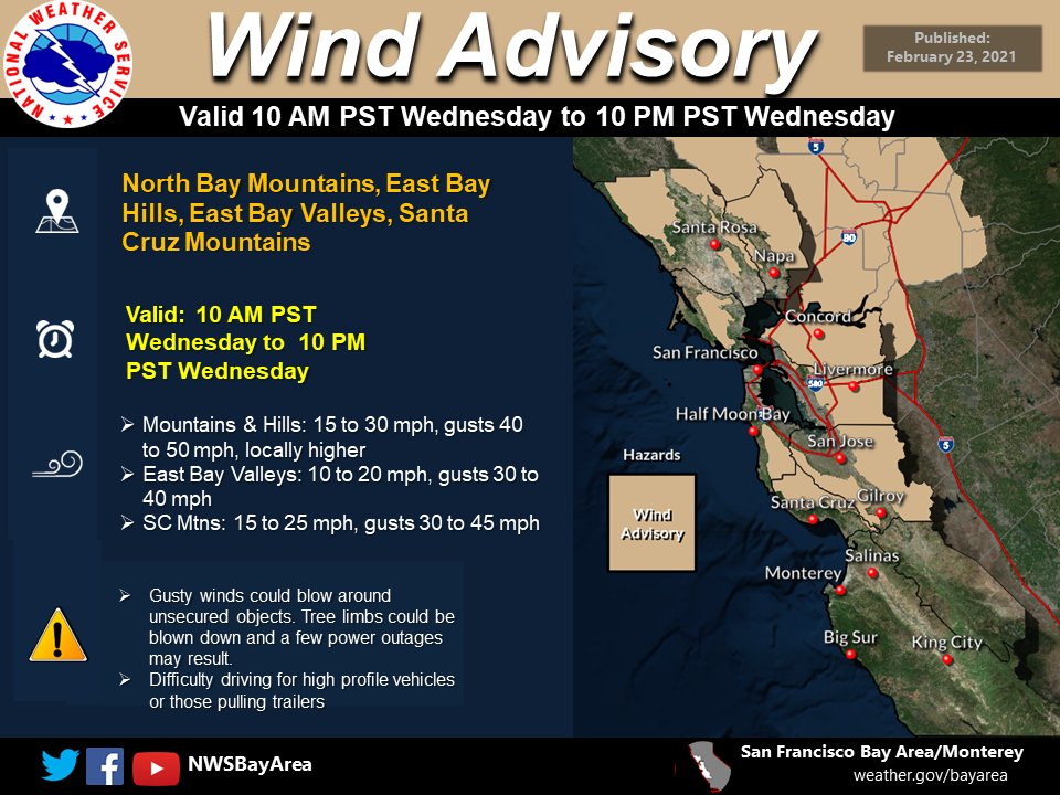 A Wind Advisory has been issued for Wednesday at 10 AM PST through ...