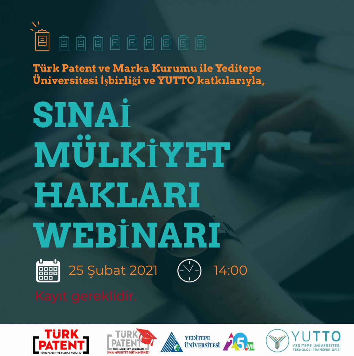Türk Patent ve Marka Kurumu ile Yeditepe Üniversitesi İşbirliğinde, YUTTO katkılarıyla "Sınai Mülkiyet Hakları Webinarı" gerçekleştirilecektir‼️📢

🗓️25 Şubat 2021 🕓 14:00

📌Kayıt gereklidir.

📌Kayıt için👉🏻 docs.google.com/forms/d/16I2SY…