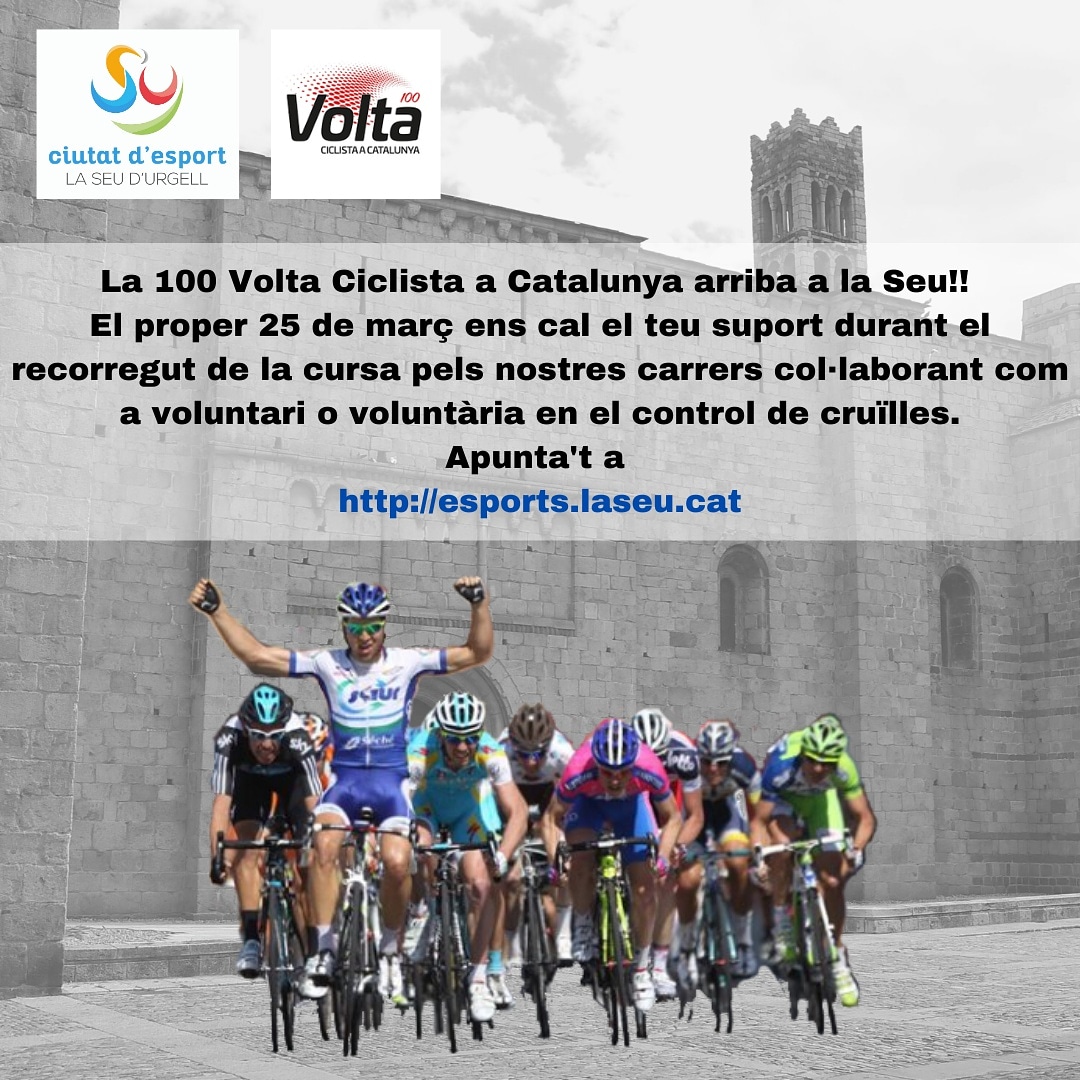 🔊 L'etapa reina de la 100 Volta a Catalunya arriba a la Seu!!.
📅 25 de març de 2021
‼️ Ens cal el teu suport en el control de la cursa.
👏 Fes-te voluntari o voluntària.
📝 esports.laseu.cat
#ciutatdesport #voltacatalunya100 #laseudurgell