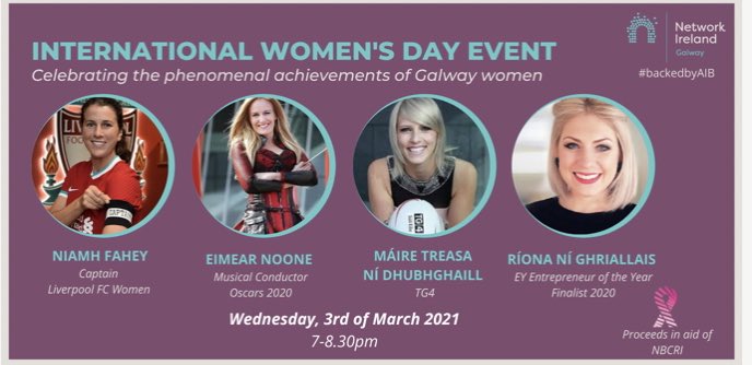 🔈 On #InternationalWomensDay next month <a href="/networkgalway/">Network Ireland Galway</a> proudly presents 4️⃣phenomenal Galway women who are doing superb work globally 🎶 ⚽️ 📺 🧪 

🎫 Book Now⤵️
Members FREE with promo code 
Non members €20 +booking fee

#StrongerTogether #backedbyAIB 

eventbrite.ie/e/network-galw…