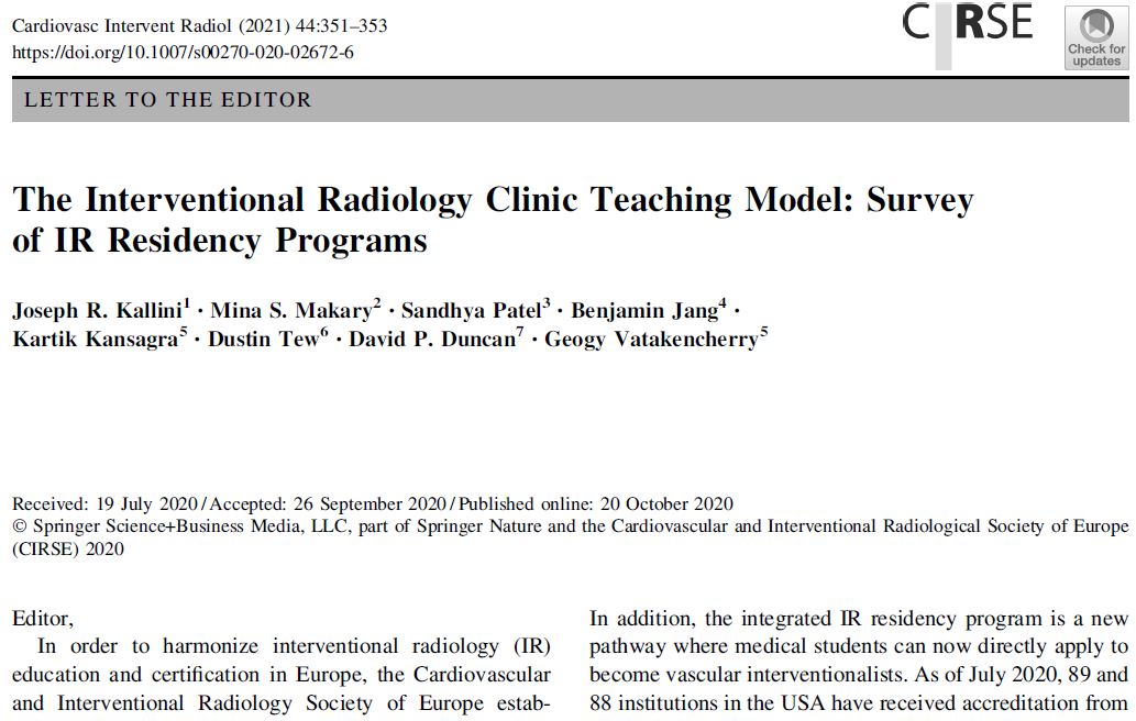 The Interventional Radiology Clinic Teaching Model: Survey of IR Residency Programs | link.springer.com/article/10.100… <a href="/joekallini/">Joseph Kallini, MD</a>  <a href="/MinaMakaryMD/">Mina S. Makary, MD</a>
 <a href="/kkansagra7/">Kartik Kansagra</a> <a href="/tew_dustin/">Dustin Tew</a> <a href="/dpduncanMD_IR/">David Duncan</a>
#irad