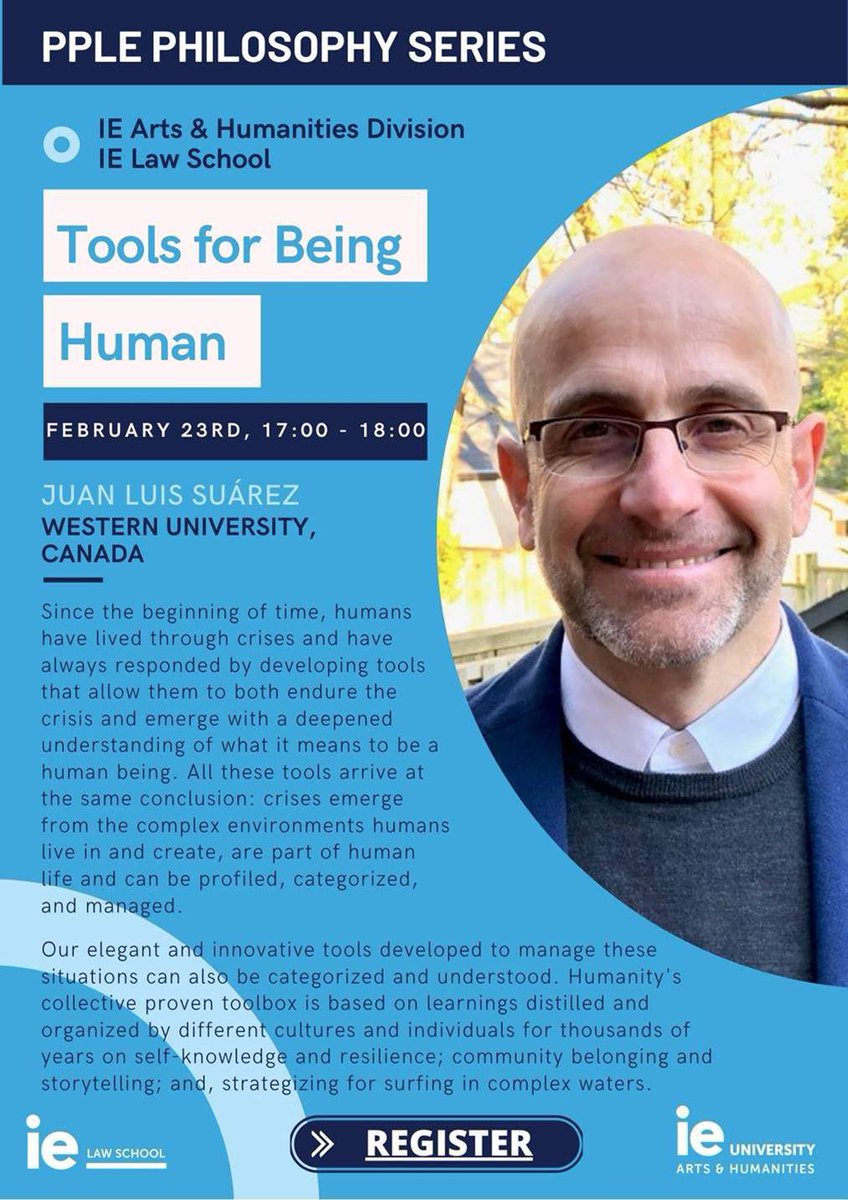 JOIN US TODAY! <a href="/suarez_juanluis/">Juan Luis Suárez</a> will give a lecture “Tools for Being Human” at IE Law School. Register for the link: forms.office.com/Pages/Response…

🗓TODAY, February, 23.
🕓AT 5:00pm CET time.
