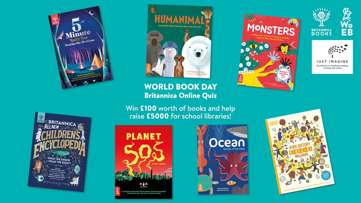 whatonearthbook's tweet photo. 🧠 Calling all quizzers! 🧠 
Take part in our #WorldBookDay Britannica Online Quiz to WIN £100 worth of books and help raise £5000 for @imaginecentre towards books for school libraries! 🏆📚🏫 

Find out more here 👉 https://t.co/JjcvWEoyeV https://t.co/7zCehxB9Xc