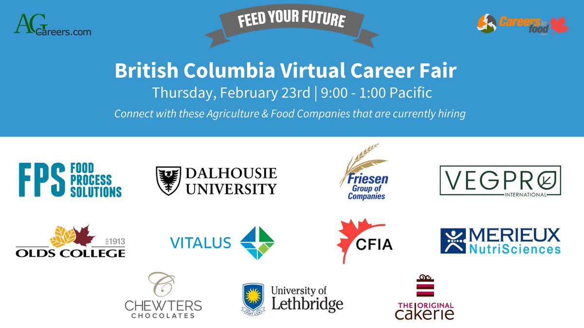 CareersInFoodca's tweet photo. HAPPENING TODAY!
Don't miss our #FeedYourFuture Virtual Career Fair for #BritishColumbia!
Register here to connect with the employers below: https://t.co/ACjNZrTv2J
#careerfair #britishcolumbia #bcjobs #jobsinbc #nowhiring #virtualevent #cdnag https://t.co/36Dhg3in9g