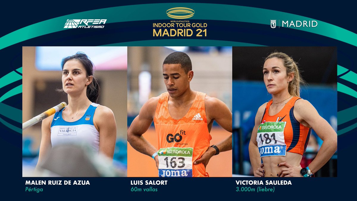 Mañana vuelve el espectáculo a Gallur con el Meeting #Madrid21, última parada del World Indoor Tour, donde estarán tres de los nuestros:

• Pértiga 🚺 (15:30h): <a href="/Malenruizdeazua/">Malen Azua Larrinaga</a>
• 60m vallas 🚹 (semifinales 17:15h): <a href="/LuiSalort/">Luis</a>
• 3.000m 🚺 (18:33h): <a href="/VictoriaSauleda/">Victoria Sauleda🦕</a> (liebre)