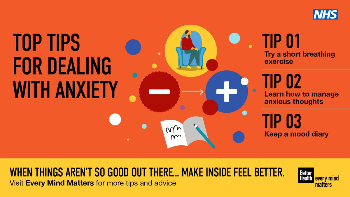 SpitalSurgery's tweet photo. Simple tips to manage #anxiety:
➡️ Breathing exercises
➡️ Learning to challenge anxious thoughts
➡️ Keeping track of mood changes
For more mental health tips visit #EveryMindMatter 👇
https://t.co/whYgxJHCbt https://t.co/kqZuHB5YpK