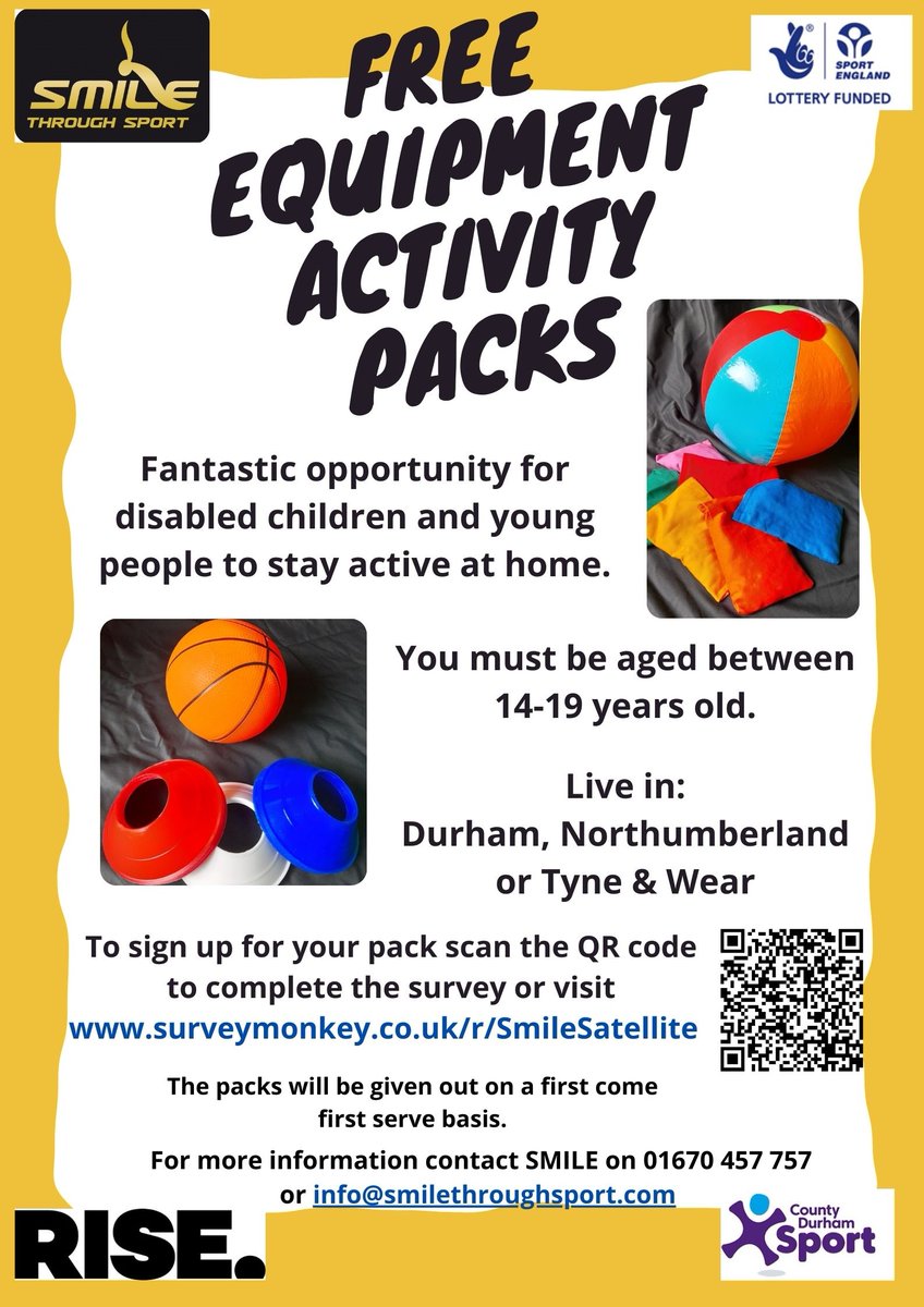FREE Activity Packs for disabled young people aged 14-19 living in #Durham #Northumberland #TyneAndWear. 
Complete the survey to receive your pack - surveymonkey.co.uk/r/SmileSatelli… 
@WeAreRise_NE <a href="/cdsport/">County Durham Sport</a> 

@Castle_Sch_NCEA <a href="/hexhampriory/">Hexham Priory School</a> <a href="/percyhedley/">The Percy Hedley Foundation</a> <a href="/nunnykirk/">Nunnykirk School</a>