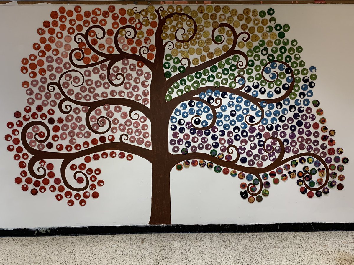 GlenoldenArt's tweet photo. What a crazy year! I did get to finish firing and hanging the clay pieces created by every student in every grade last year before the quarantine. This is on the wall across from the library. We plan to add to this each year. https://t.co/xol7UAM26n