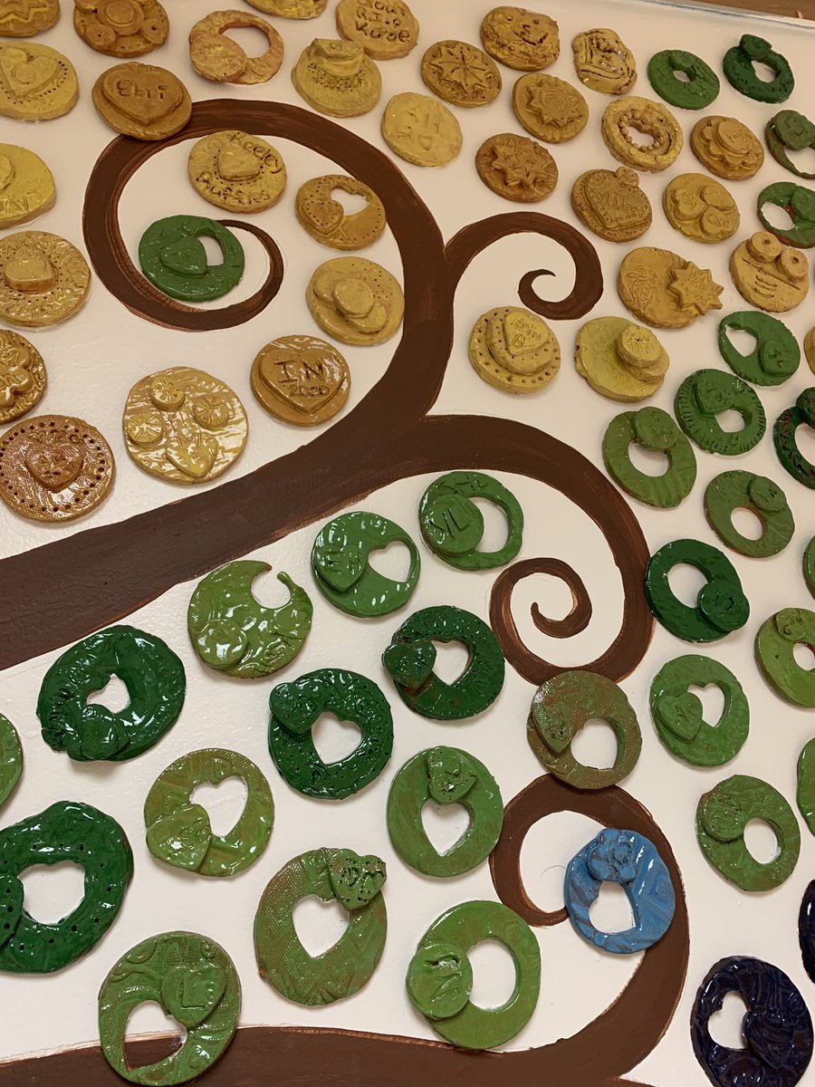 GlenoldenArt's tweet photo. What a crazy year! I did get to finish firing and hanging the clay pieces created by every student in every grade last year before the quarantine. This is on the wall across from the library. We plan to add to this each year. https://t.co/xol7UAM26n
