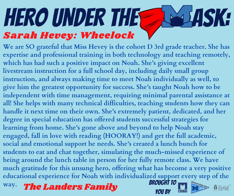Medfield K-8 PTO (@medfieldk8pto) on Twitter photo Todayโs ๐๐๐ง๐ค ๐๐ฃ๐๐๐ง ๐๐๐ ๐๐๐จ๐ is Sarah Hevey, 3rd Grade Teacher! Thank you Landers family for recognizing the positive educational experience she brings to her class & thank you to @misshevey_207 for all you do! #HeroesUnderTheMask <a href="/HolliCaulfield/">WheelockMedfield</a> Todayโs ๐๐๐ง๐ค ๐๐ฃ๐๐๐ง ๐๐๐ ๐๐๐จ๐ is Sarah Hevey, 3rd Grade Teacher! Thank you Landers family for recognizing the positive educational experience she brings to her class & thank you to @misshevey_207 for all you do! #HeroesUnderTheMask <a href="/HolliCaulfield/">WheelockMedfield</a>