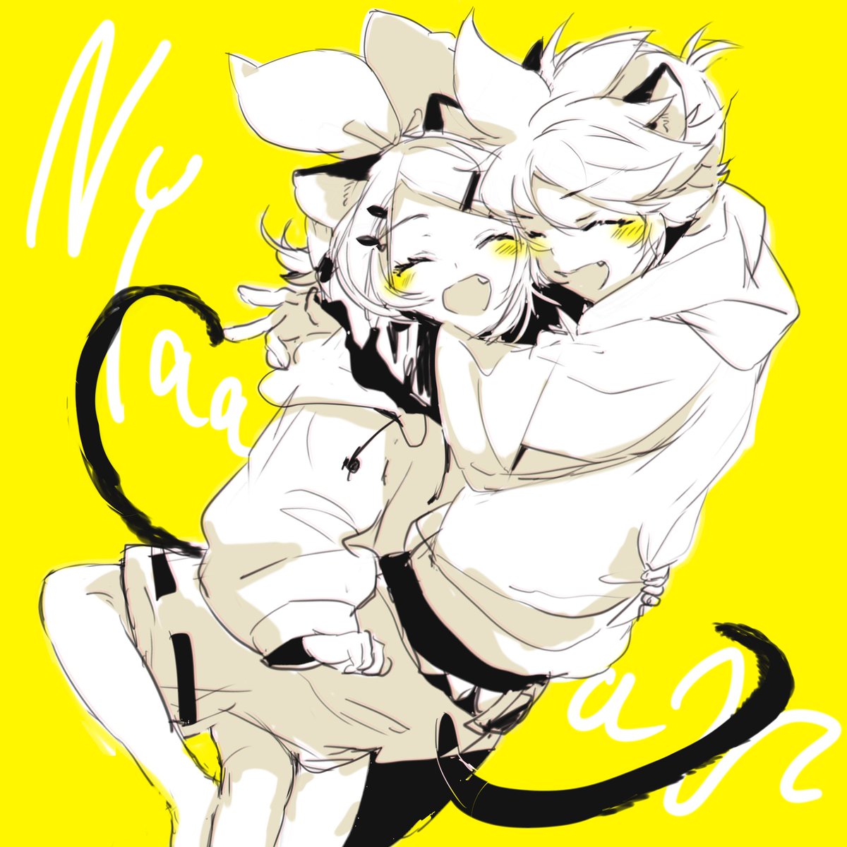 kagamine len ,kagamine rin 1girl 1boy animal ears closed eyes tail hug open mouth  illustration images