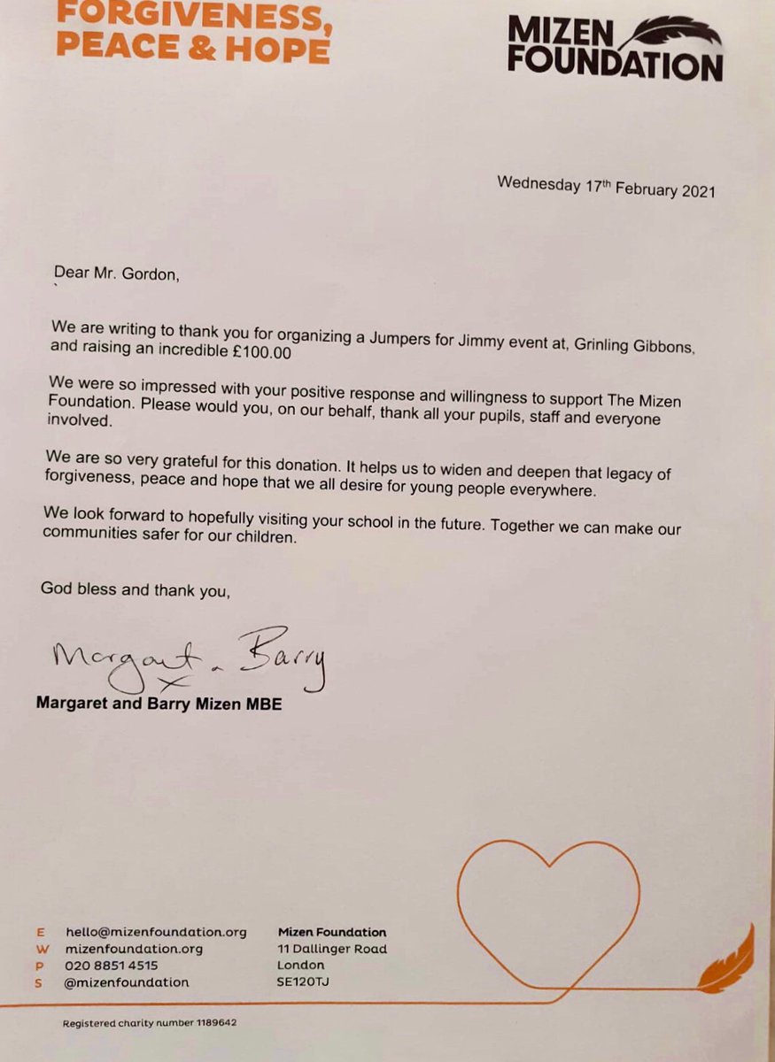 Together we recently raised £100 at GG, which we donated to the wonderful Mizen Foundation! We want to thank all the kind parents and staff who donated. We also want to thank @mizenfoundation  for the lovely letter and certificate! ✨💫

@MrDeanMG 
@LewishamLearn 
@jimmymizen