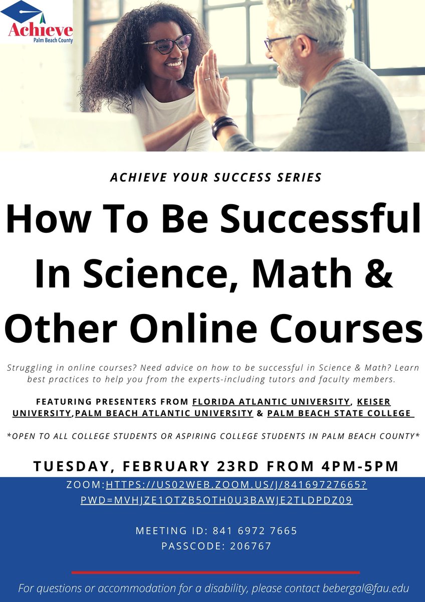 AchievePBC's tweet photo. The 2nd session in our Achieve Your Success workshop series is happening today, 4PM! This week, we're giving current + aspiring college students tips for succeeding in online math + science classes. Details: https://t.co/zo98iFkhl9 https://t.co/NAJeqdVRID