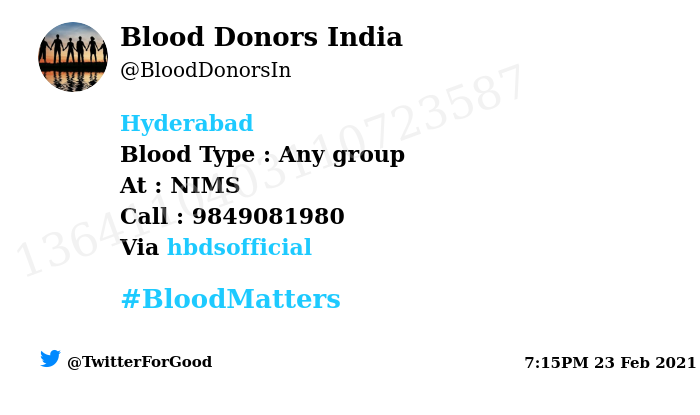 BloodDonorsIn's tweet photo. #Hyderabad
Need #Blood Type :  Any group
At : NIMS
Blood Component : Blood
Number of Units : 3
Primary Number : 9849081980
Via: @hbdsofficial
#BloodMatters
Powered by Twitter https://t.co/diP1PHZ3r6