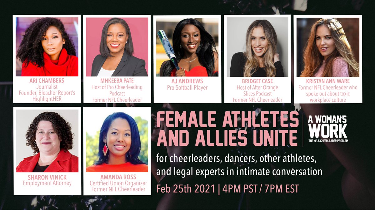 AWomansWorkDoc's tweet image. #AWomansWorkDoc is building a community of cheerleaders, dancers, sports journalists, &amp;amp; legal experts who want to solve the pressing issues in our fields. Join us for FEMALE ATHLETES AND ALLIES UNITE THIS THURSDAY! Get inspired, see the details &amp;amp; RSVP here eventbrite.com/e/a-womans-wor…
