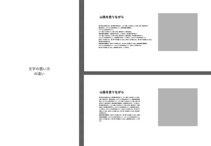 文章の表現の段階を生徒と考えていました。

・改行を塊にする

・太さを変える

・濃さを変える

・行間を入れるを変える

・塊の数を変える

と全部印象が違って見えます。

どのタイミングでどれを使うかは内容に依存します。 