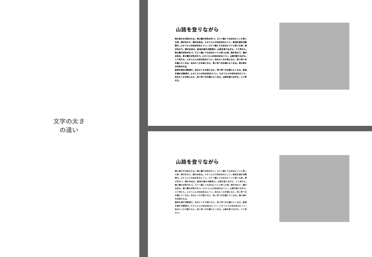 文章の表現の段階を生徒と考えていました。

・改行を塊にする

・太さを変える

・濃さを変える

・行間を入れるを変える

・塊の数を変える

と全部印象が違って見えます。

どのタイミングでどれを使うかは内容に依存します。 