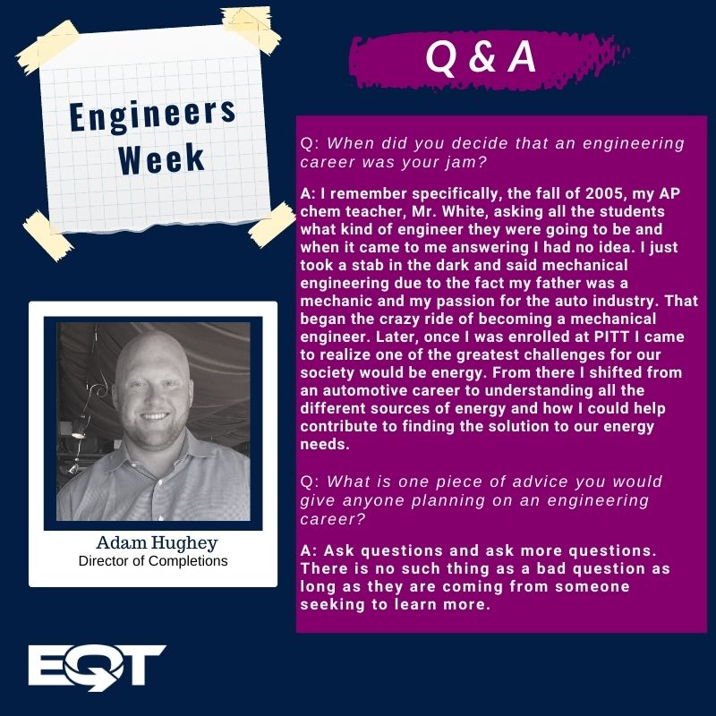 EQTCorp's tweet photo. #EngineersWeek2021! Day 2...

Today we are shining a spotlight on some of our fantastic Drilling and Completions Engineers #Qrew. #teamwork #heart #evolution https://t.co/2nw6XPEGpv