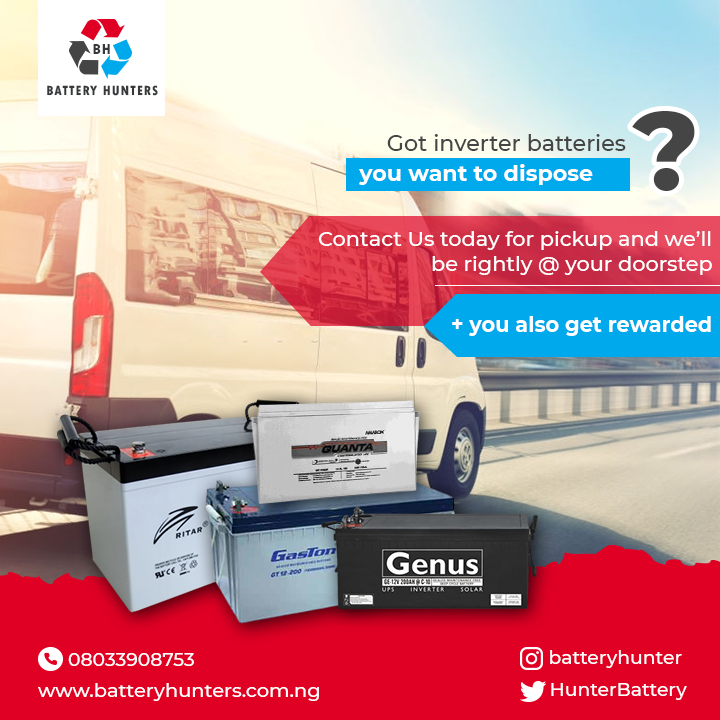 HunterBattery's tweet image. Why not make money from those old or dead inverter batteries of yours instead of disposing them. Contact Us today, we will be rightly at your doorstep to pick them up and you also get paid instantly.
#BatteryHunters 
#Recycle 
#SaveThePlanet 
#MakeMoney