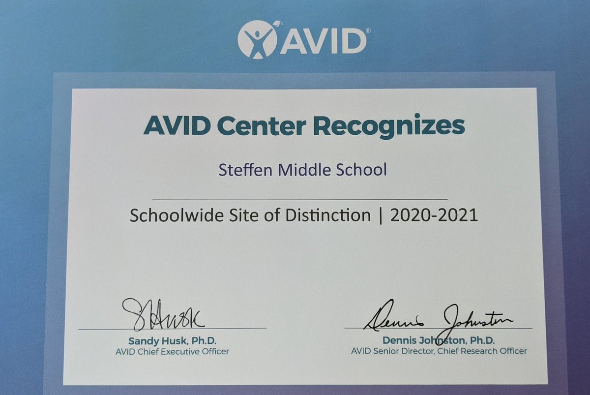 DrAndersonSMS's tweet photo. Congratulations to the students, faculty &amp; staff at Steffen Middle School for being recognized as an AVID Schoolwide Site of Distinction! #SteffenPRIDE https://t.co/sn8ck5Hvto