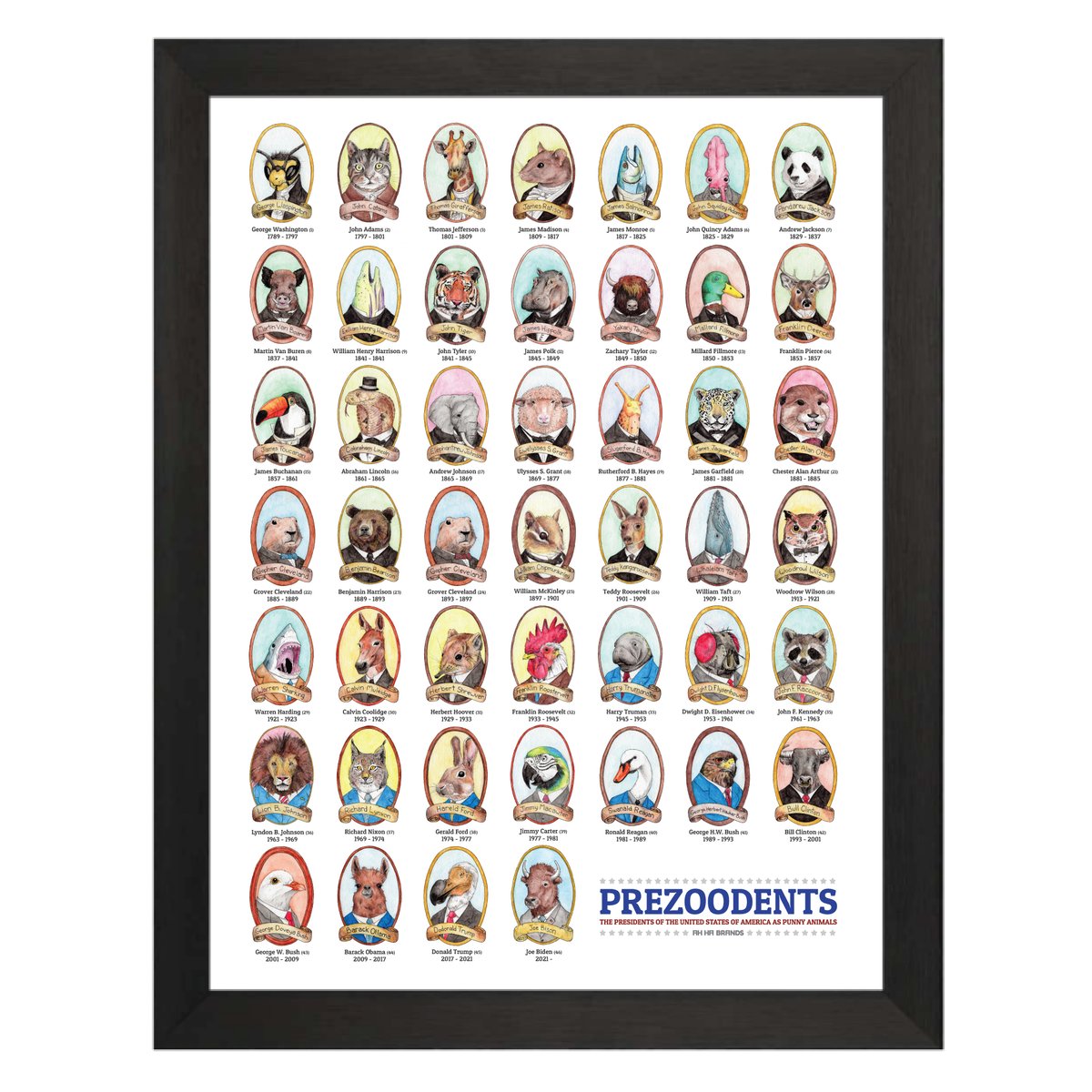 AhHaBrands's tweet photo. 🇺🇸  Checkout out our NEW PreZOOdents Poster! Now including Joe Bison 🐃, and we've blown up this poster to 18" x 24", and printed on nice, thick poster paper! AND we lowered the price on ALL posters to $20! Now available online. https://t.co/i2HBb6Eckx
