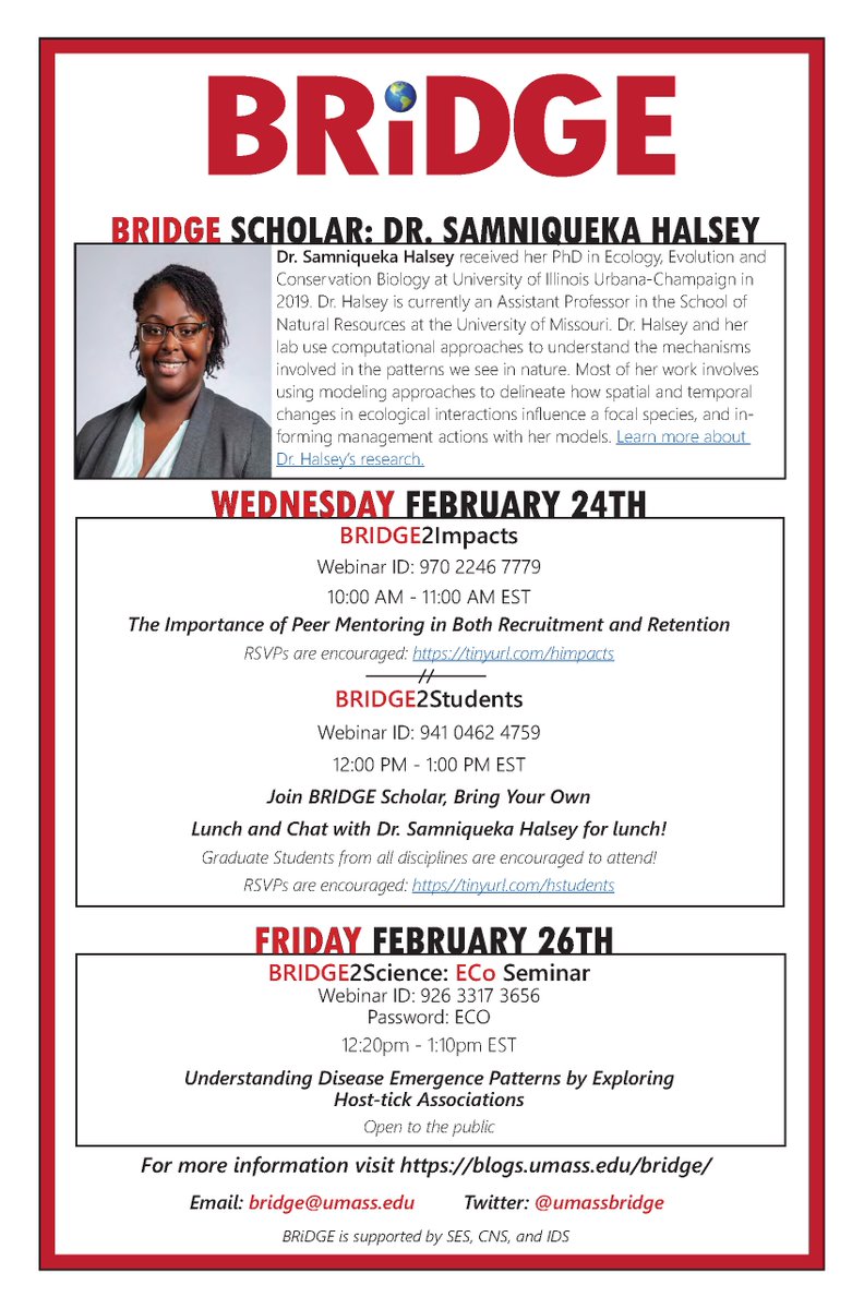 BRiDGE (@umassbridge) on Twitter photo 🌍UMass Community!🌍
Join us for an exciting #BRiDGE2Impacts talk by <a href="/Samniqueka_H/">Dr. Samniqueka Halsey</a> TOMORROW 2/24 at 10:00 AM EST!
"The Importance of Peer Mentoring in Both Recruitment and Retention"
See you there! <a href="/SES_UMass/">UMass SES</a> <a href="/CNS_UMass/">College of Natural Sciences at UMass Amherst</a> 🌍UMass Community!🌍
Join us for an exciting #BRiDGE2Impacts talk by <a href="/Samniqueka_H/">Dr. Samniqueka Halsey</a> TOMORROW 2/24 at 10:00 AM EST!
"The Importance of Peer Mentoring in Both Recruitment and Retention"
See you there! <a href="/SES_UMass/">UMass SES</a> <a href="/CNS_UMass/">College of Natural Sciences at UMass Amherst</a>