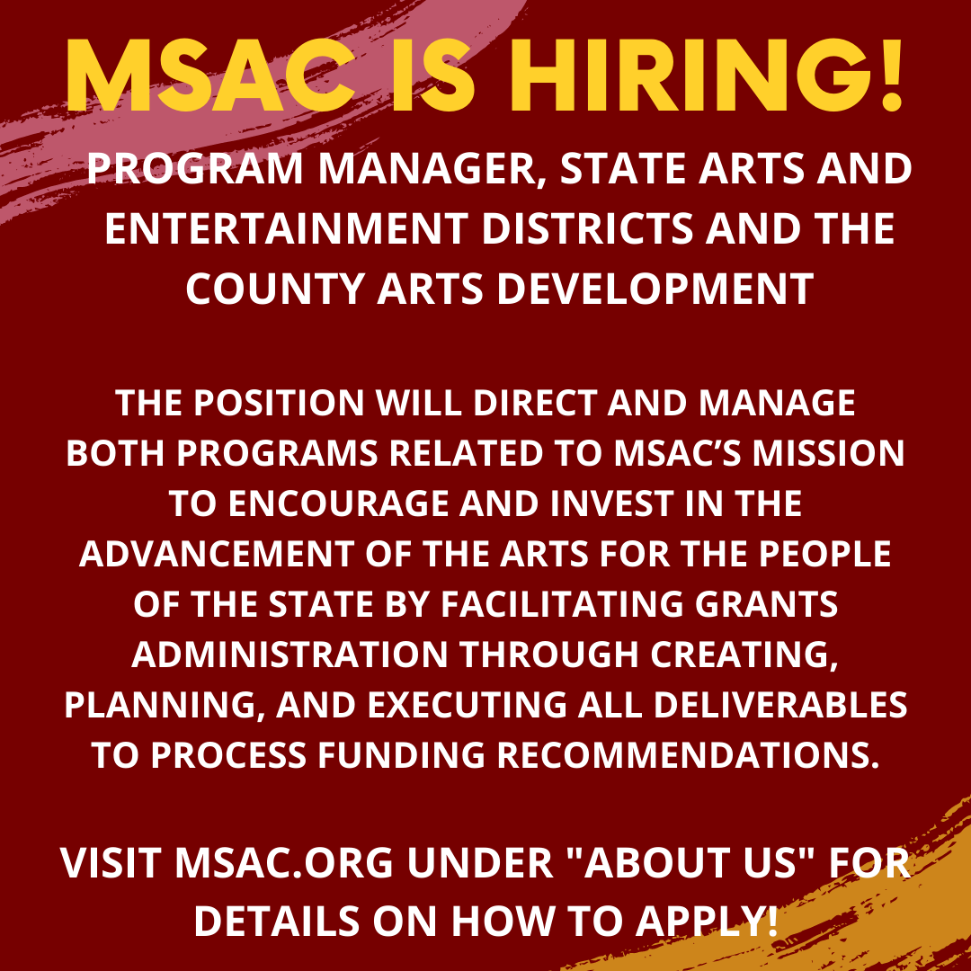 StationNorth's tweet photo. Maryland State Arts Council is hiring:

MSAC is looking for a Program Manager for State Arts &amp; Entertainment Districts and the County Arts Development! Visit https://t.co/sHKBA6kZZy under the About Us tab for all of the details! https://t.co/dUY009c1QC