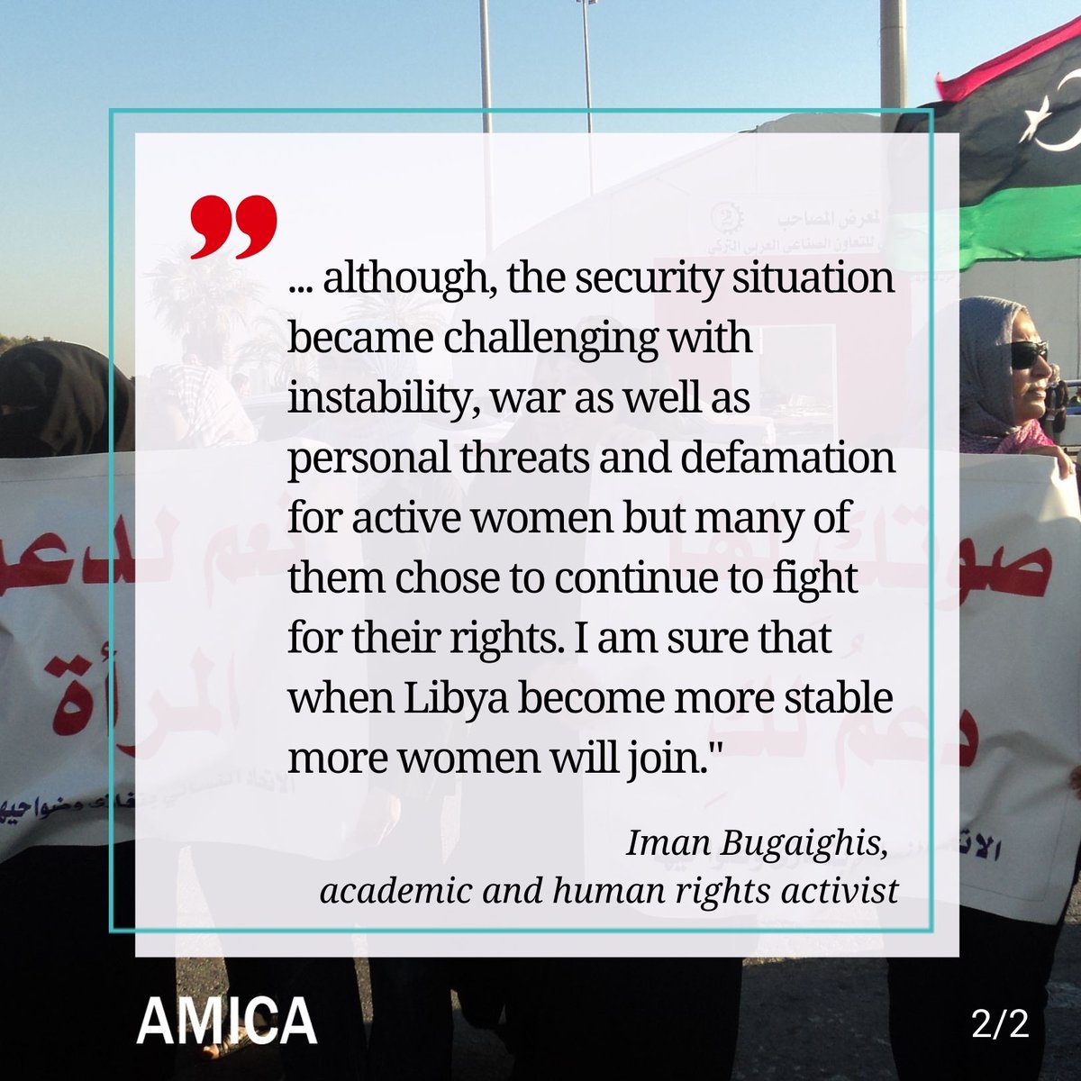 AMICA e.V. (@amicaev) on Twitter photo 10 yrs #LibyanRevolution. We talked to <a href="/ImanSaad2/">Iman Bugaighis</a>, academic and human rights activist. Taking stock the situation of Libyan women has worsened, but they fight for their rights.
We as AMICA support Libyan women on their way to equality with our projects in Tripolis and Benghazi. 10 yrs #LibyanRevolution. We talked to <a href="/ImanSaad2/">Iman Bugaighis</a>, academic and human rights activist. Taking stock the situation of Libyan women has worsened, but they fight for their rights.
We as AMICA support Libyan women on their way to equality with our projects in Tripolis and Benghazi.
