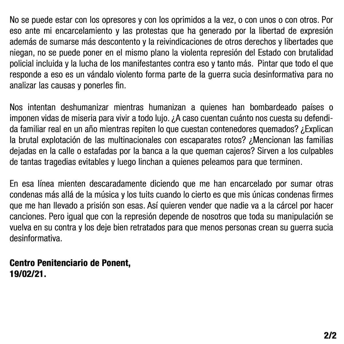 PabloHasel's tweet photo. 📄 Artículo de Pablo Hasel desde prisión: "LA GUERRA SUCIA DESINFORMATIVA"

19/02/21

🔺 Actualmente esta cuenta la llevamos la Plataforma @LlibertatHasel https://t.co/bN33RAbfvt
