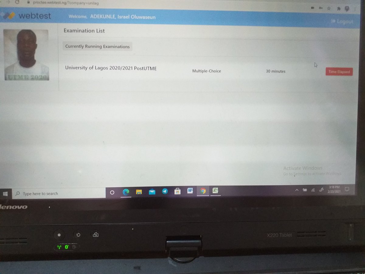 wealthdynastee's tweet photo. Trying to take the #unilagpostutme all I can see is currently running exam since Saturday. No questions displayed. Please #proctee and #unilag come to my rescue. I tried t take the exam again after rescheduling, the situation is same https://t.co/QBdKZDOdUp