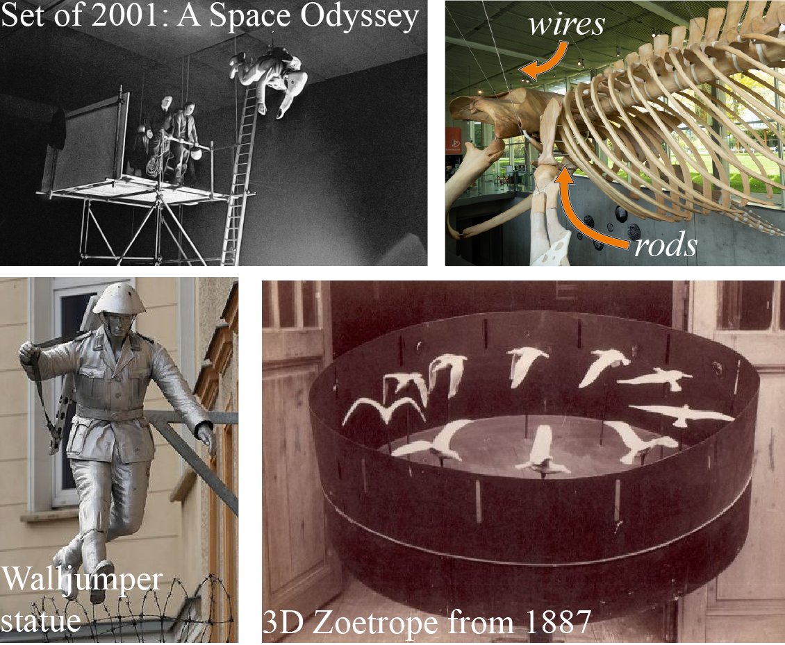 Motivation for this problem is seen in many places like movie and theatre sets, museum exhibits, and 3D zoetropes where objects are held up by supports that must be invisible from certain angles.