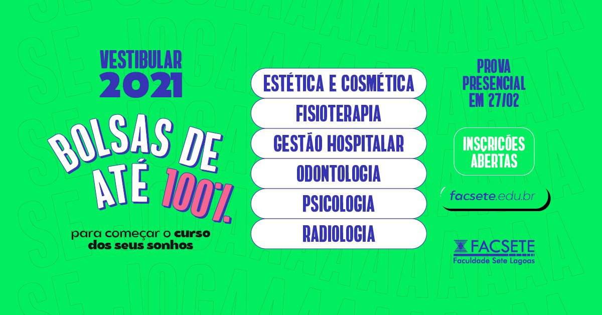 facsete's tweet photo. As inscrições para o nosso segundo vestibular presencial estão quase chegando ao fim. Mas você ainda pode aproveitar para se inscrever e concorrer a bolsas de 30%, 50%, 70% e 100% para começar a graduação dos seus sonhos. É só acessar: https://t.co/oP99yxWvWx  

#juntospelofuturo https://t.co/JF7DnSkS0F