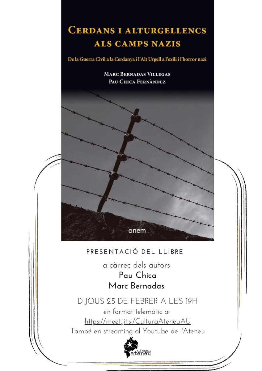 💥 Aquest dijous 25 de febrer a les 19h hi haurà la presentació del llibre Cerdans i Alturgellencs als camps nazis a càrrec dels autors Pau Chica i Marc Bernadas. Després hi haurà un petit debat amb tots els presents.