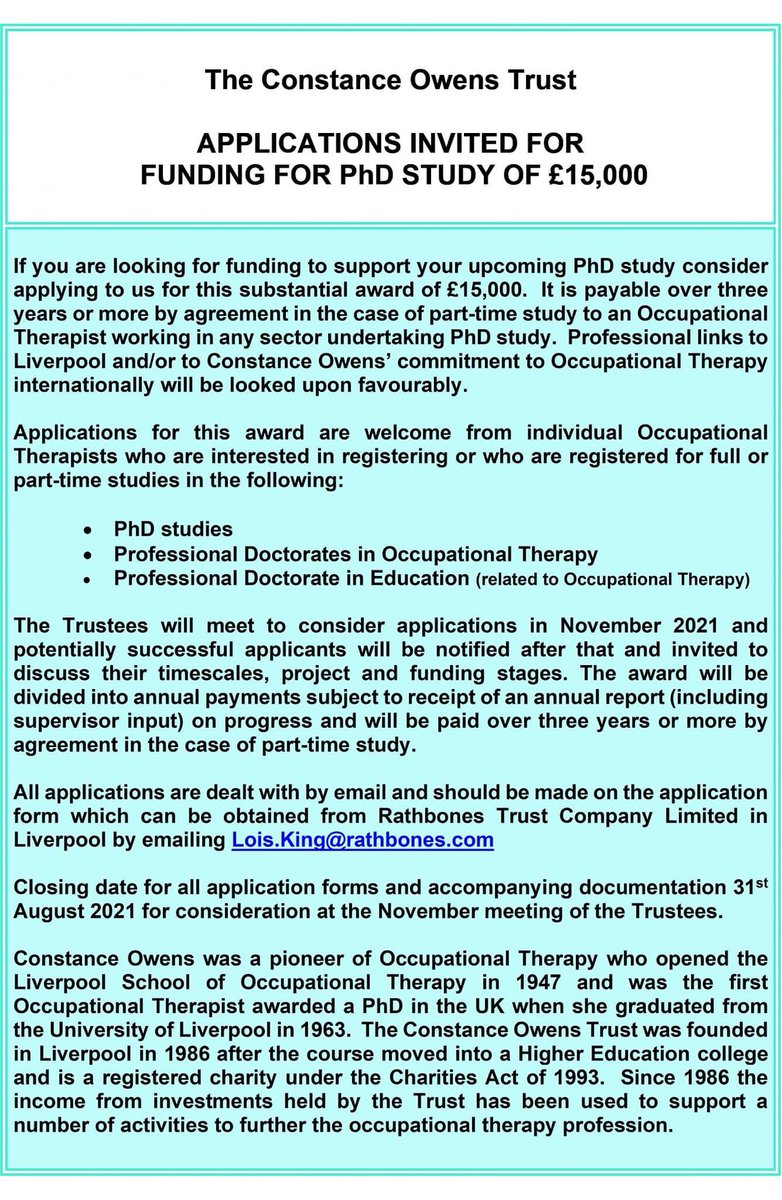 Trustees of the Constance Owens Trust are delighted to announce this years award offer to support Occupational Therapists undertaking PhD study. Please share with your colleagues.