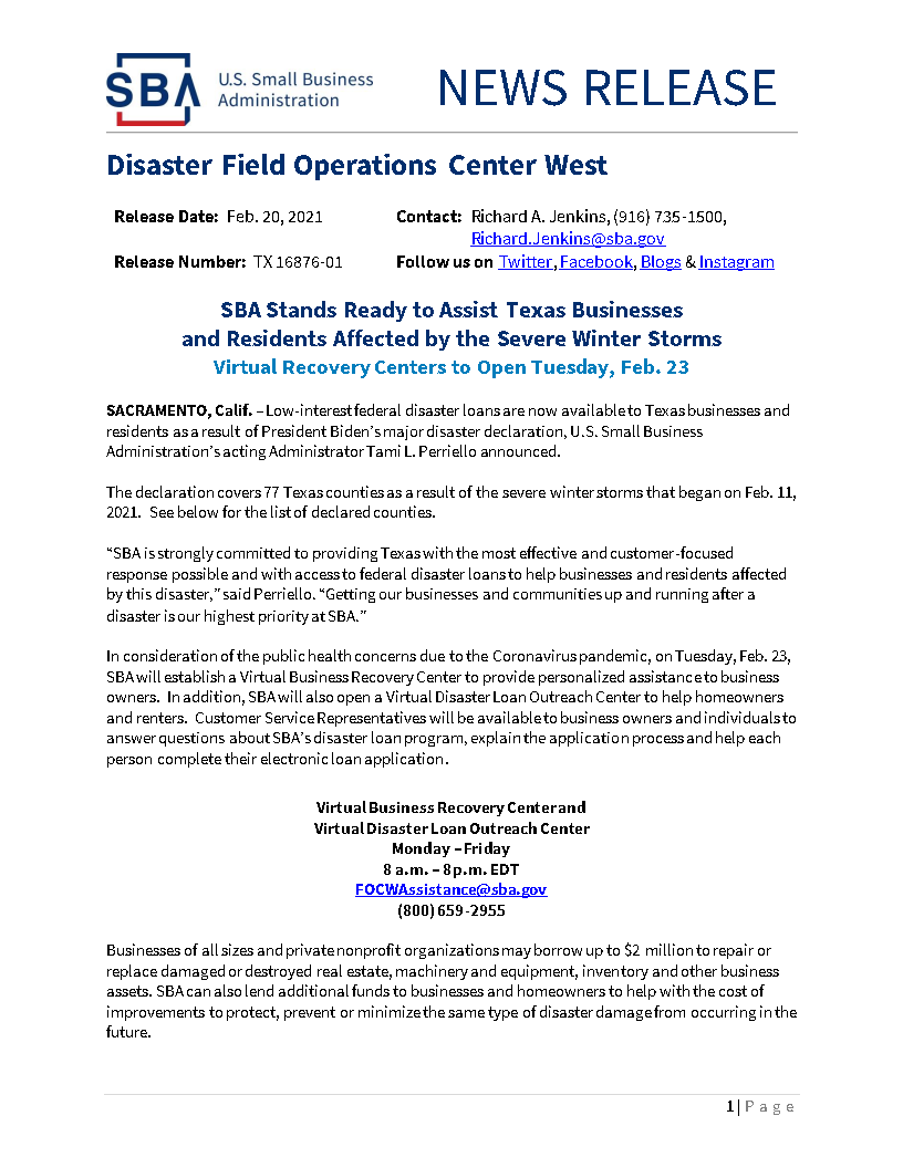 Cityofbmt's tweet photo. Please review the following English and Spanish versions of an SBA news release regarding financial assistance for residents and businesses affected by the winter storm: 
Links provided in release:
https://t.co/l59cPhVtJm
https://t.co/1Vkp4lUgLH https://t.co/Y8XgI6sVD8