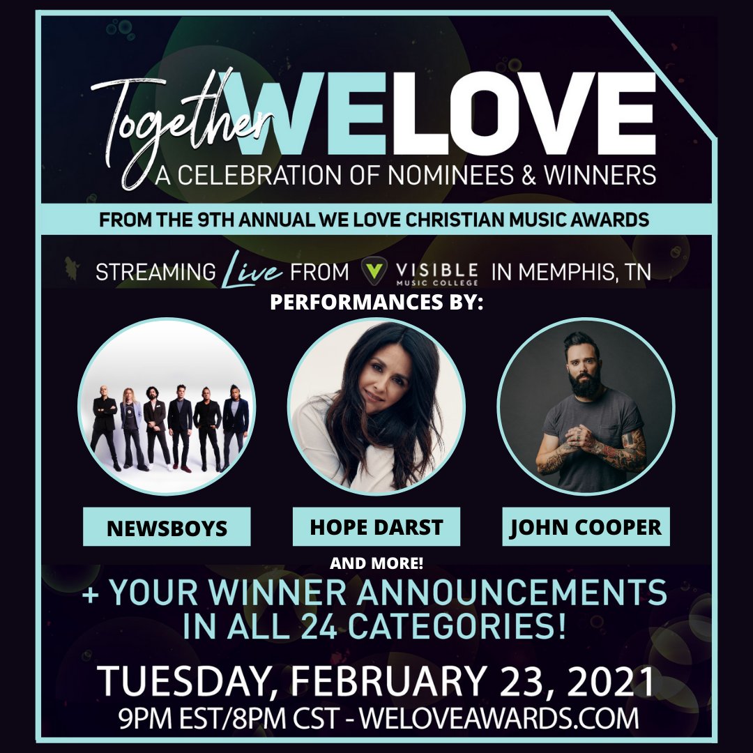 TUNE-IN Alert 📺

TONIGHT! Watch The 9th Annual <a href="/WeLoveAwards/">We Love Christian Music Awards</a> streaming LIVE at 9PM EST/8PM CST! Featuring performances by <a href="/newsboys/">NEWSBOYS</a>, <a href="/hopedarst/">Hope Darst</a> and <a href="/skilletmusic/">Skillet</a>'s <a href="/johnlcooper/">John Cooper</a>! 

🖥: WeLoveAwards.com
