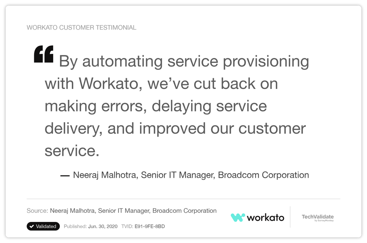 Workato's tweet photo. This #TestimonialTuesday, we’re sharing Neeraj’s experience using Workato to automate #serviceprovisioning and create a better customer service experience. 🎉 https://t.co/P2JIeY8NU3