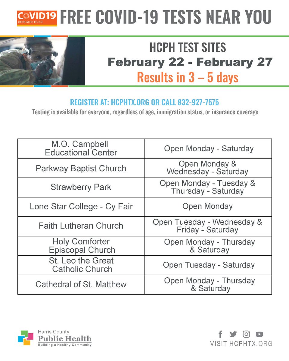 SpringISD's tweet photo. Spring ISD: Don’t forget that it is important to continue getting tested for COVID-19. Harris County Public Health is offering free testing for everyone regardless of age, immigration status, or insurance coverage. Register at https://t.co/5A3tkDMQJj or call 832-927-7575. https://t.co/g8VyoKhG5w