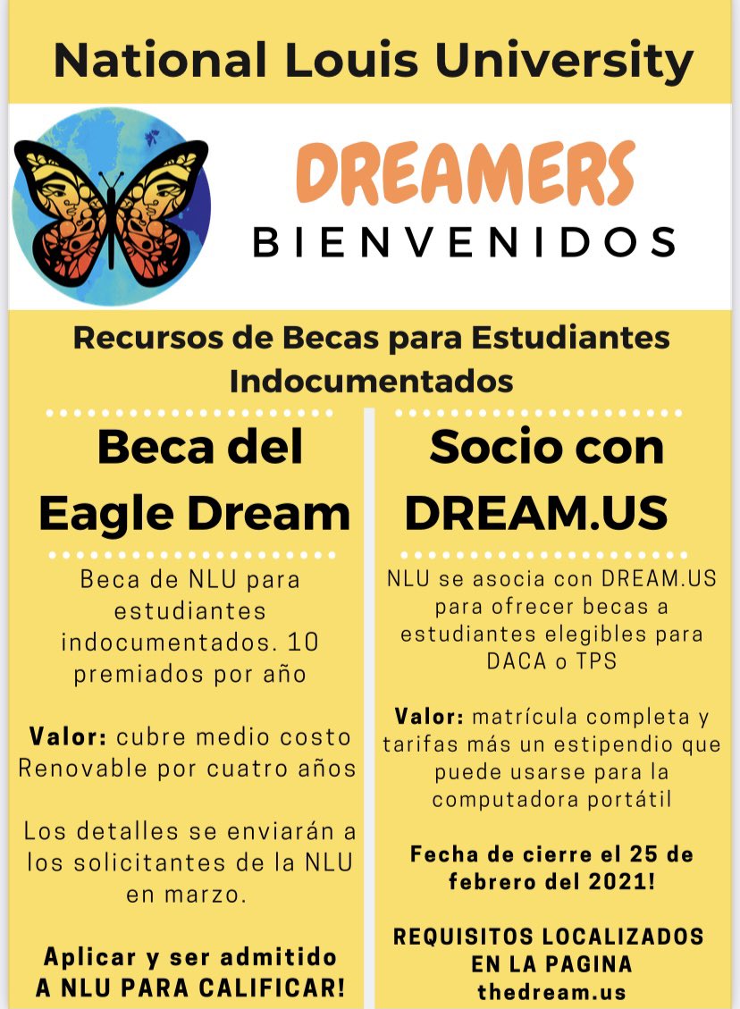 NLU is proud to have several scholarship opportunities for students who are undocumented. 🦋 Don’t forget to apply to <a href="/thedream_us/">TheDream.US</a> National scholarship by Feb. 25!