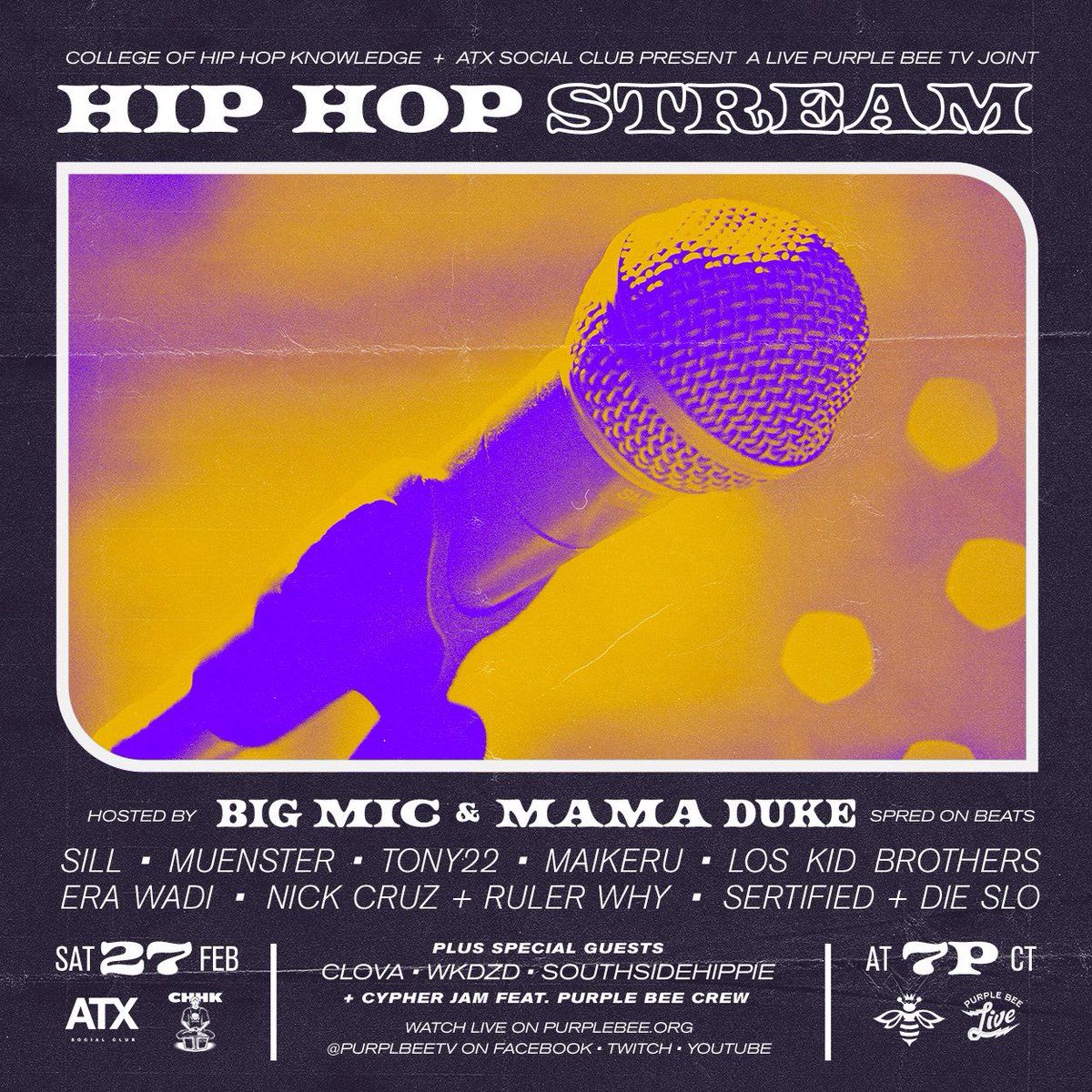 MamaDukeTV's tweet photo. 𝙏𝙝𝙞𝙨 𝙎𝙖𝙩𝙪𝙧𝙙𝙖𝙮: @atxsocialclub is back. This time we’re collaborating with @CollegeofHHKnow and teaming up with @purplebeetv to bring y’all a dope ass #HipHopStream for the city. ⁣7pm CST on 2/27. Tune in from your phones! Hosted by: @bigmicpereida &amp; myself. https://t.co/EYv7TjOdNd