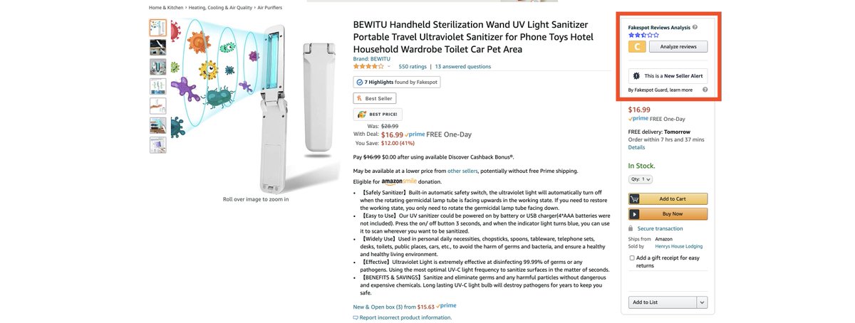 SaoudKhalifah's tweet image. #AmazonFraud of the day from #Fakespot

Fake UV light designed to kill &quot;viruses&quot;. This listing is full of hard to detect human generated fake reviews that Fakespot found. Check out the actual consumer testing the UV light!

L: amazon.com/dp/B089K1SJV4
A: fakespot.com/product/bewitu…