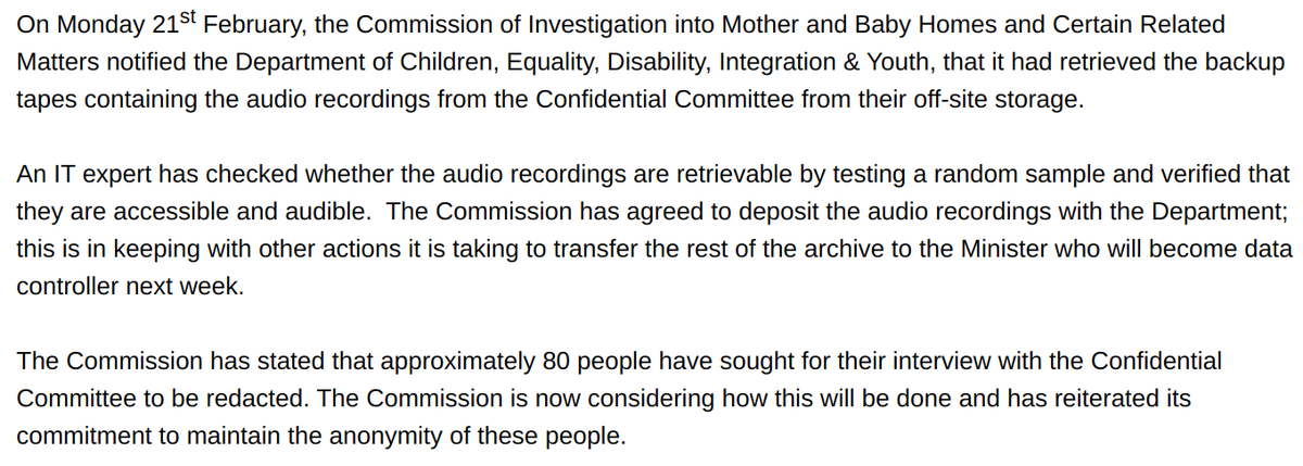 orlaryan's tweet photo. Big development: Audio recordings of #MotherAndBabyHomes testimony *can* be retrieved from backup files.

"An IT expert has checked whether the audio recordings are retrievable by testing a random sample and verified that they are accessible and audible." https://t.co/LUtibwnmiS