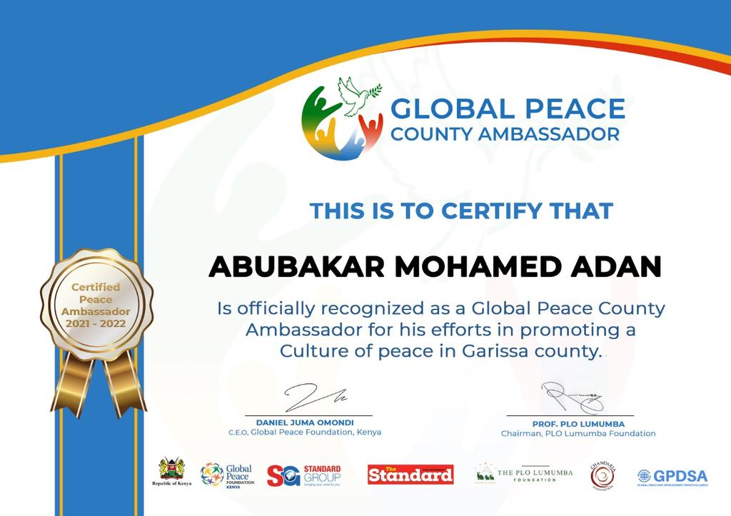 Finally , I am a certified Peace Ambassador after a long time of youth and peace advocacy. Thank you @GlobalPeaceKeny for your recognition and having deep believe in me  to serve you as the Global Peace County Ambassador for Garissa County.
@EqualAccessEA

#PeaceAmbassador