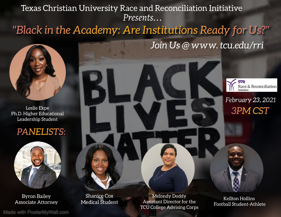 There's still time to register for "Black in the Academy: Are Institutions Ready for Us?" 
The virtual event begins today, Feb. 23 at 3 p.m. #BlackHistoryMonth <a href="/TCURRinitiative/">TCU Race & Reconciliation Initiative</a>  calendar.tcu.edu/event/student_…