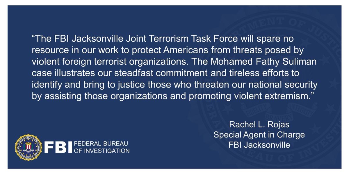 NEW: Mohamed Fathy Suliman of Gainesville has been indicted for attempting to provide material support to ISIS. #FBI #Jacksonville arrested Suliman earlier this month. Read more here: justice.gov/usao-ndfl/pr/f…