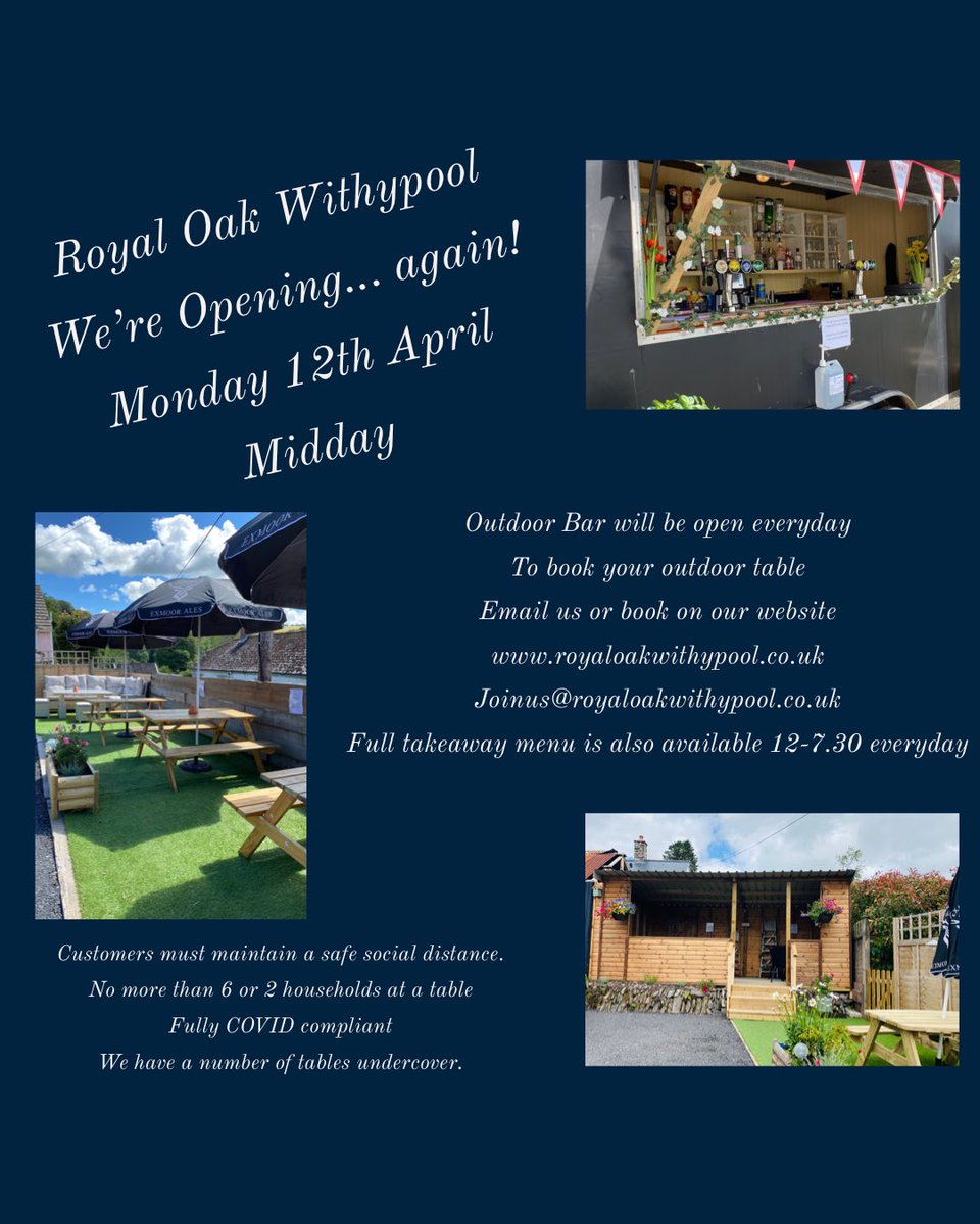 royaloakwithypool (@royaloakwithy) on Twitter photo Going to see how the weather goes..!! What more can we do. We will have beer, wine & spirits stocked with our new summer menu ready š¬šš¤£ see you all soon! <a href="/ES_Somerset/">Eat Sleep Somerset</a> <a href="/visitexmoor/">Visit Exmoor</a> <a href="/dotty4paws/">Dotty4Paws</a> <a href="/StayInAPubUK/">Stay In A Pub</a> <a href="/exmoorales/">Exmoor Ales</a> <a href="/regencywinesuk/">Regency Wines Devon</a> Going to see how the weather goes..!! What more can we do. We will have beer, wine & spirits stocked with our new summer menu ready š¬šš¤£ see you all soon! <a href="/ES_Somerset/">Eat Sleep Somerset</a> <a href="/visitexmoor/">Visit Exmoor</a> <a href="/dotty4paws/">Dotty4Paws</a> <a href="/StayInAPubUK/">Stay In A Pub</a> <a href="/exmoorales/">Exmoor Ales</a> <a href="/regencywinesuk/">Regency Wines Devon</a>