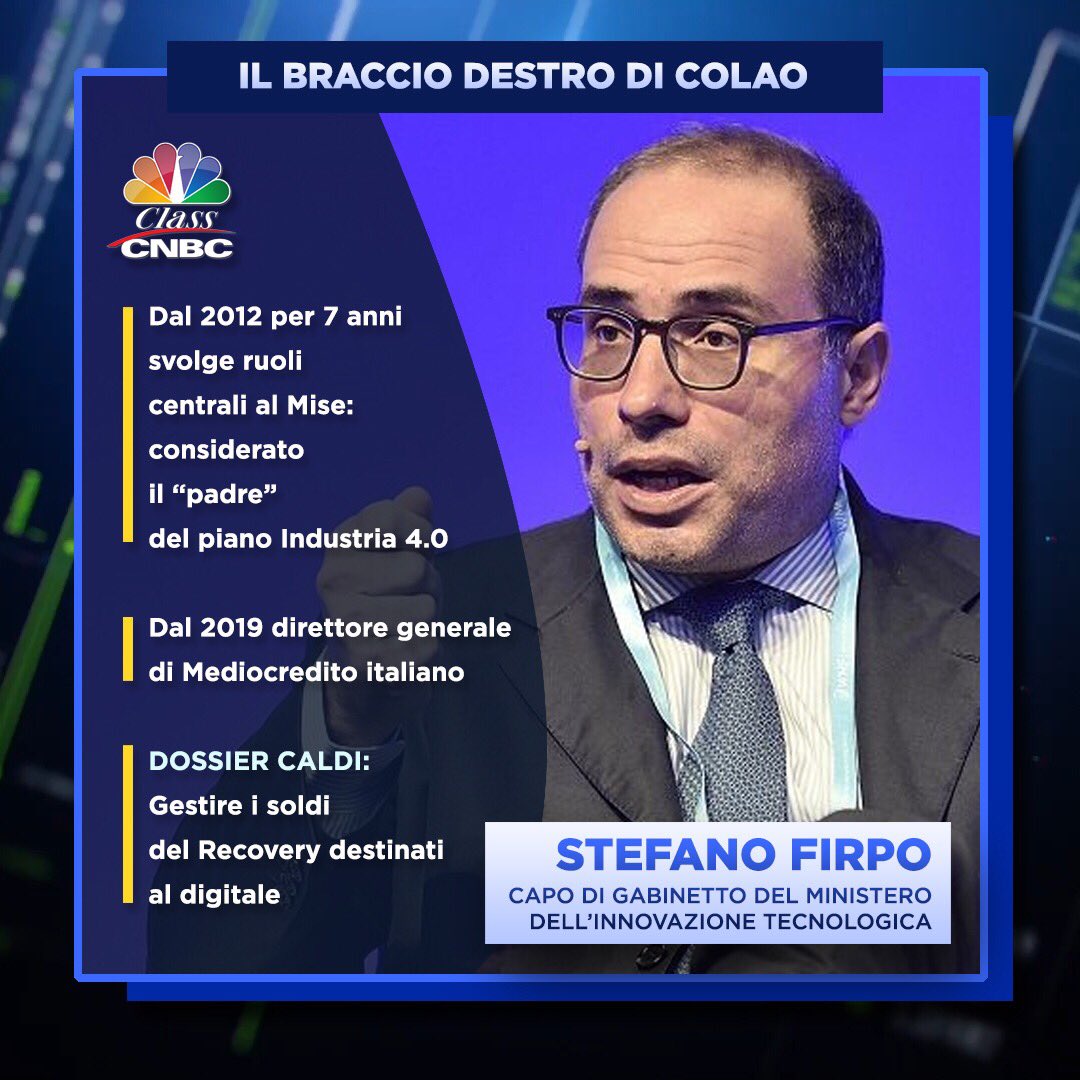 IL BRACCIO DESTRO DI COLAO 

Stefano #Firpo, il "papà" del piano industria 4.0, viene arruolato da #Colao come capo gabinetto

Ecco il profilo dell'uomo che aiuterà l'ex supermanager di Vodafone al ministero per l’Innovazione Tecnologica e la Transizione Digitale

#GovernoDraghi