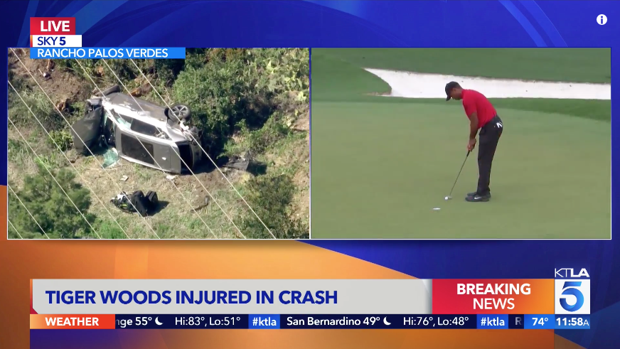 SamanthaCortese's tweet photo. Tiger Woods is in surgery for "multiple leg injuries," according to his agent. We're live on KTLA+ and https://t.co/zAfqpo3kbv at the crash site: https://t.co/5Ng0f1tDtl