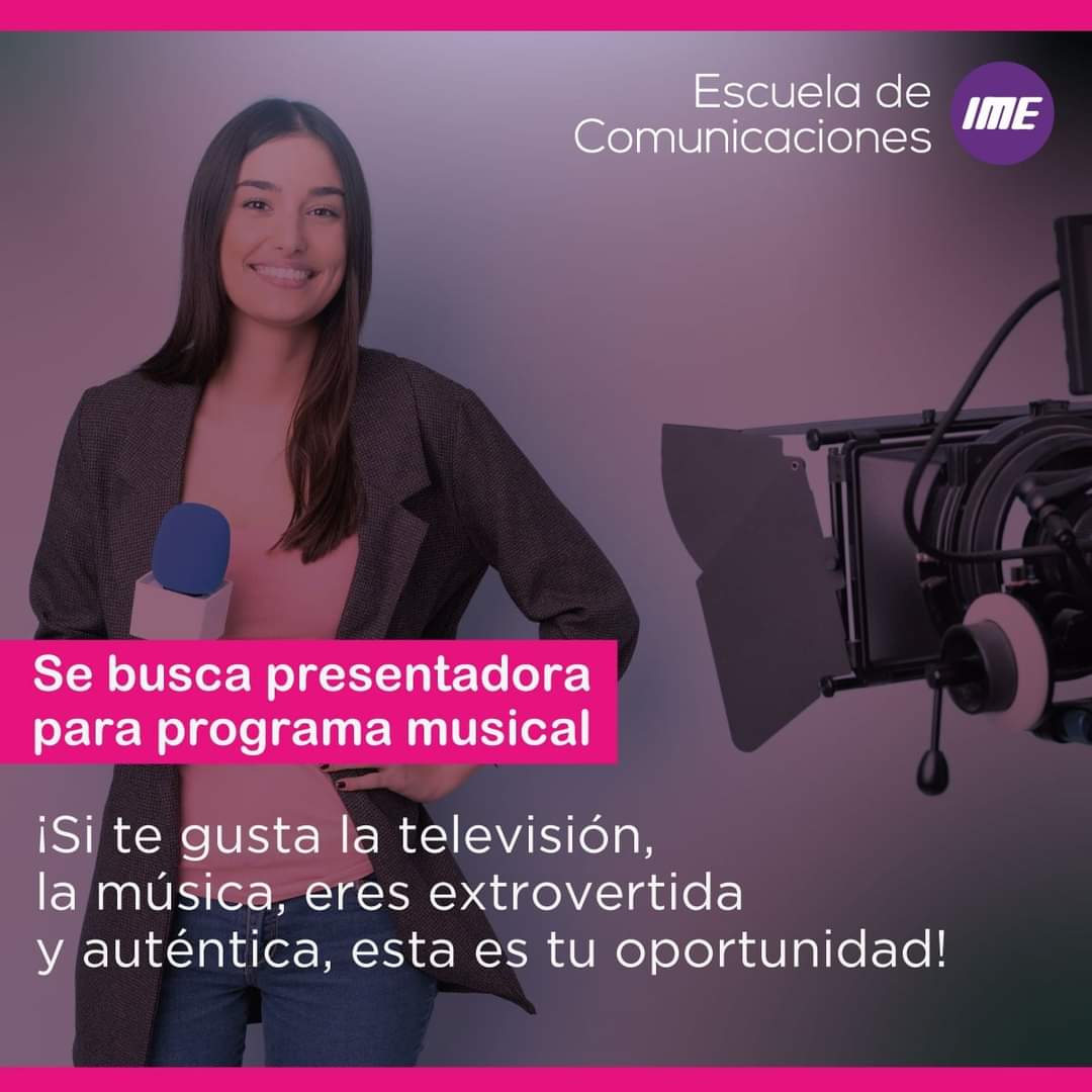 ¡Importante canal busca presentadora! 📺
Si estas en segundo semestre en adelante del programa de Televisión... ¡Esta es tu oportunidad! 
 Envíanos tu video⬇
✅No mayor a 2 minutos 
✅Descripción personal 
✅Presentación de 2 videos musicales. 
Enviar a: edwar.munoz@ime.edu.co