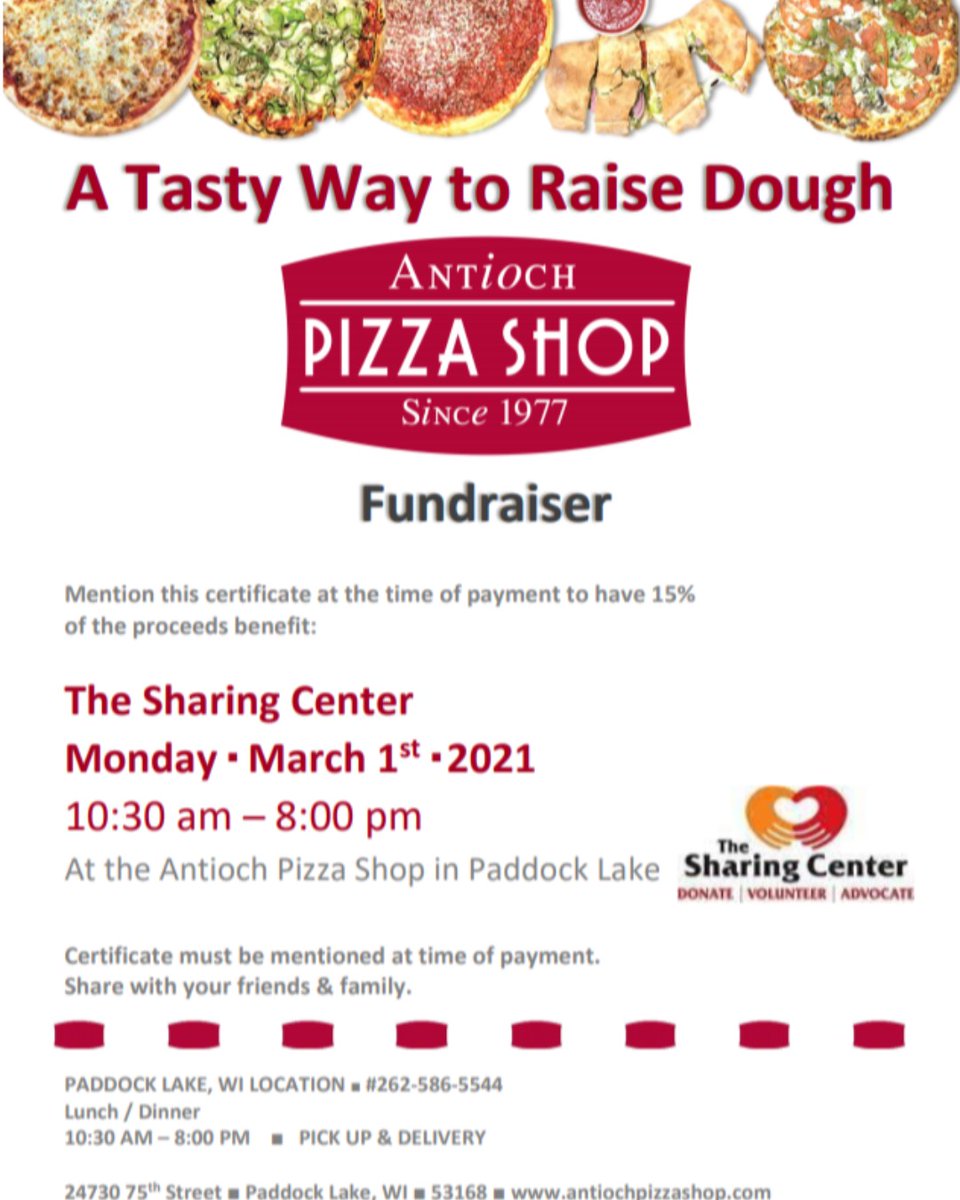 Support the Sharing Center while eating local! Stop by Antioch Pizza on March 1st, mention this ad and 15% of your purchase will be donated.

#donate #share #pizza #supportlocal